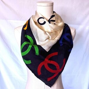 Vintage Chanel 90s Silk Scarf Rainbow CC Logo Border Cream 90cm France